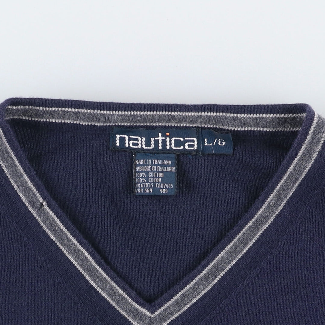 90'S Vintage Nautica Ribbed V-Neck Cotton Knit Vest, Men's Size L cotton navy blue type Vintage Second Hand