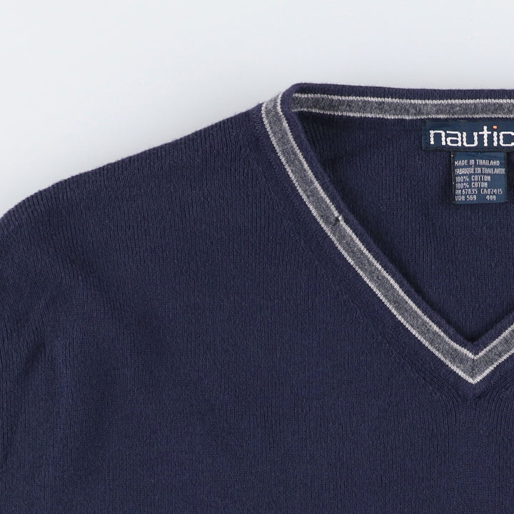 90'S Vintage Nautica Ribbed V-Neck Cotton Knit Vest, Men's Size L cotton navy blue type Vintage Second Hand