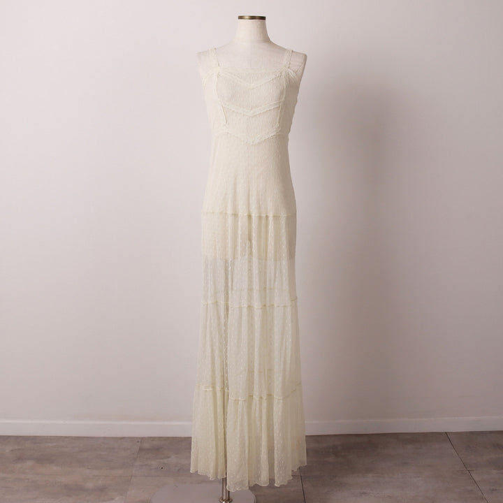 Dot Pattern Maxi Lingerie Camisole Dress, Women's Size S Nylon pale white type Vintage Second Hand
