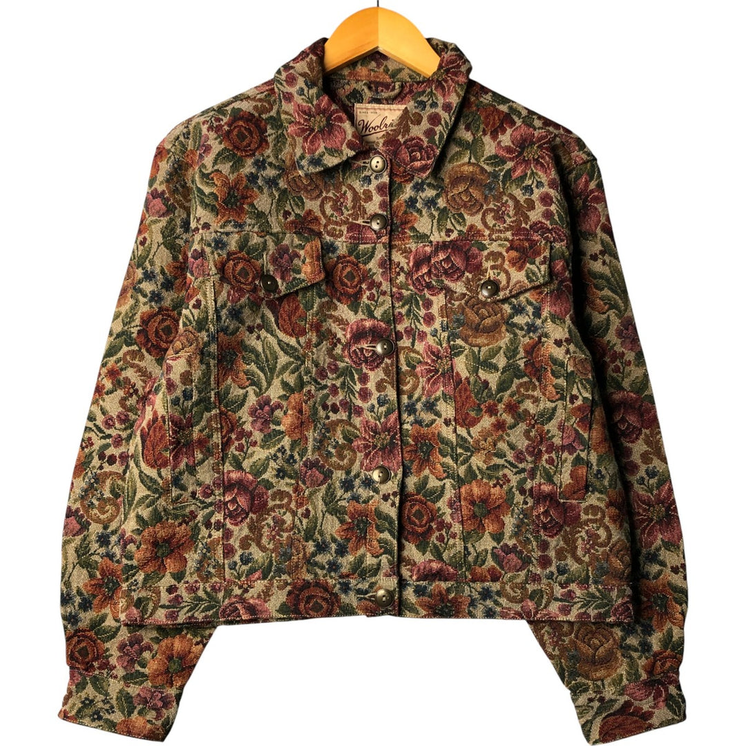 2000'S WOOLRICH floral print Gobelin jacket, women's size L cotton Khaki type sage green Vintage Second Hand