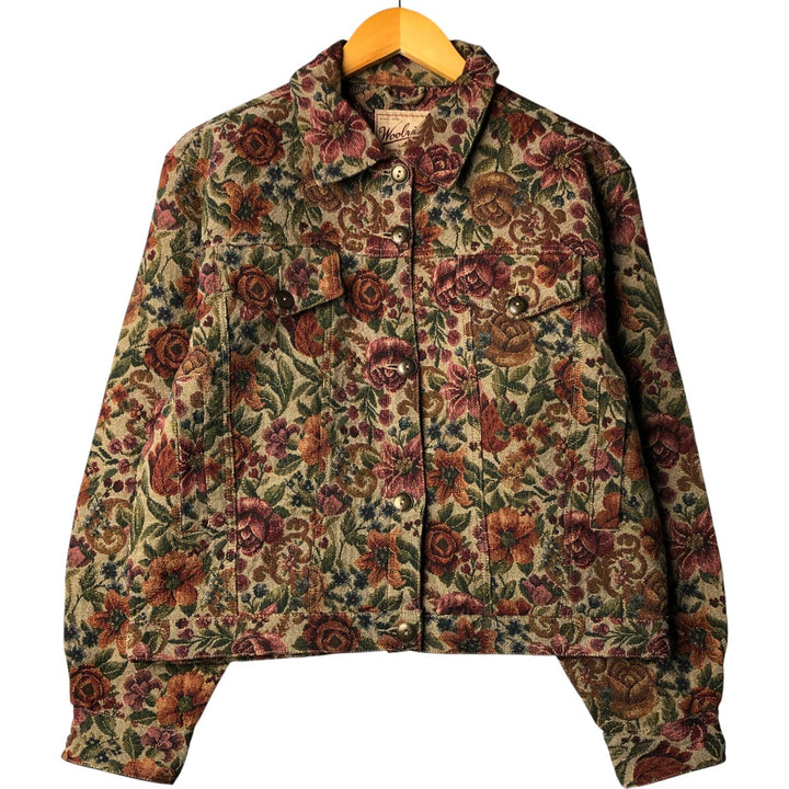 2000'S WOOLRICH floral print Gobelin jacket, women's size L cotton Khaki type sage green Vintage Second Hand