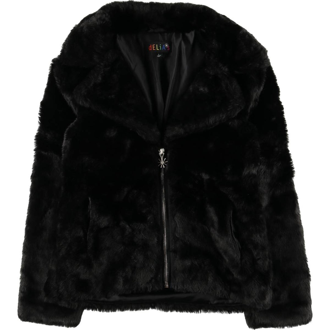 dELiA's Smile Faux Fur Short Coat, Women's Size L polyester black type Vintage Second Hand