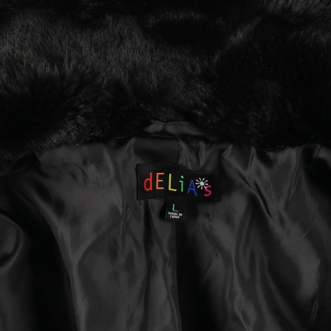 dELiA's Smile Faux Fur Short Coat, Women's Size L polyester black type Vintage Second Hand