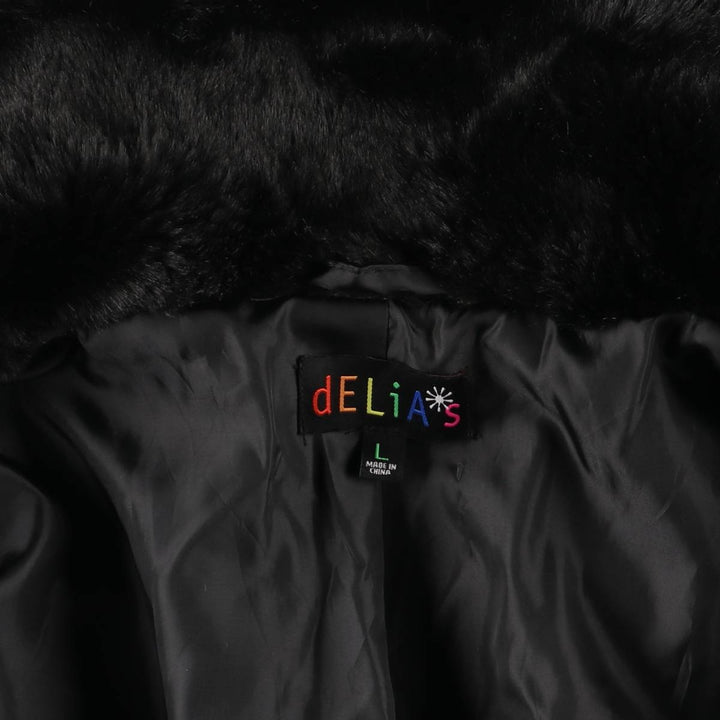 dELiA's Smile Faux Fur Short Coat, Women's Size L polyester black type Vintage Second Hand