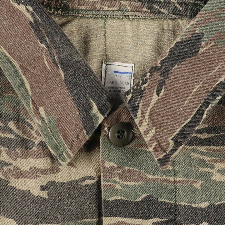 Vintage 1990'S THE CAMO CLAN Camouflage Pattern Tiger Stripe Camo Military Jacket, Made in USA, Men's Size XXL cotton Khaki type Vintage Second Hand