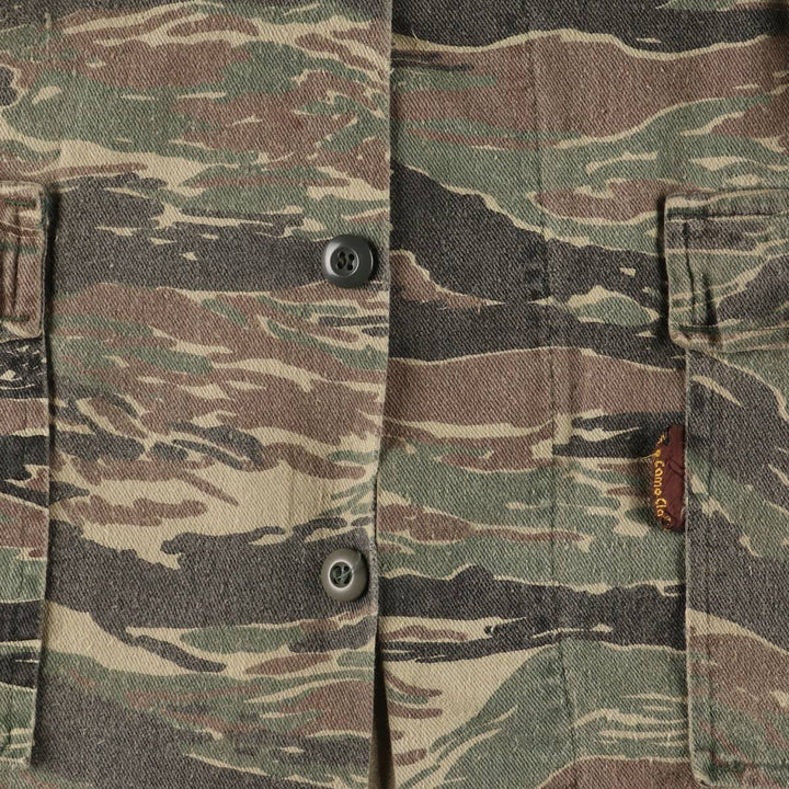 Vintage 1990'S THE CAMO CLAN Camouflage Pattern Tiger Stripe Camo Military Jacket, Made in USA, Men's Size XXL cotton Khaki type Vintage Second Hand