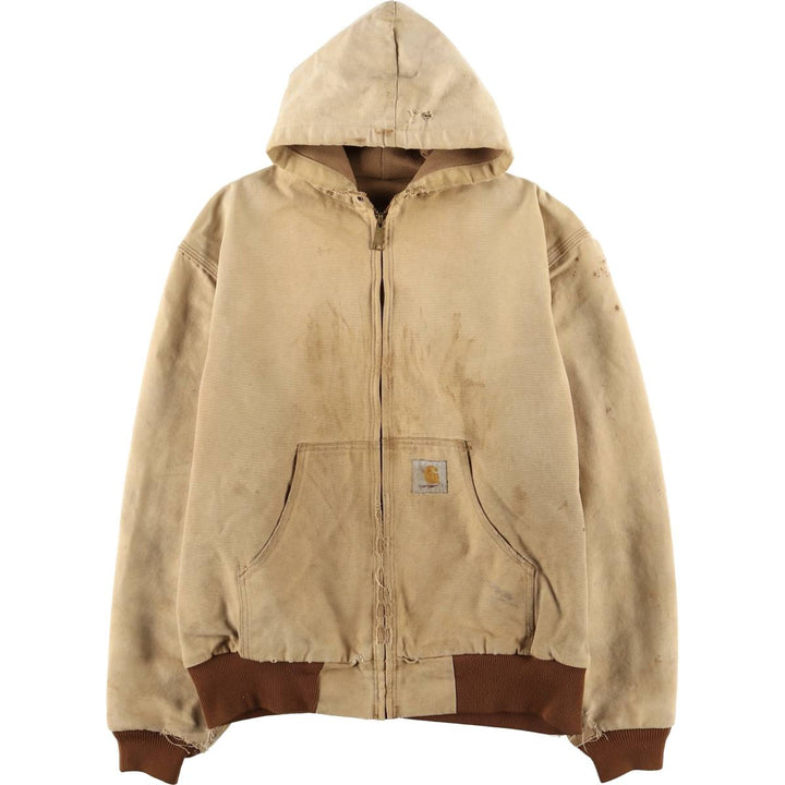 90'S Carhartt Active Jacket, Duck Full Zip Hoodie, Made in USA, Men's Size L, Vintage cotton Beige type Vintage Second Hand