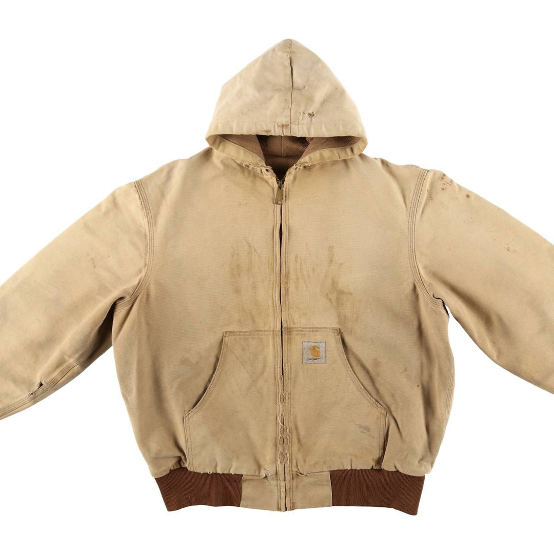 90'S Carhartt Active Jacket, Duck Full Zip Hoodie, Made in USA, Men's Size L, Vintage cotton Beige type Vintage Second Hand