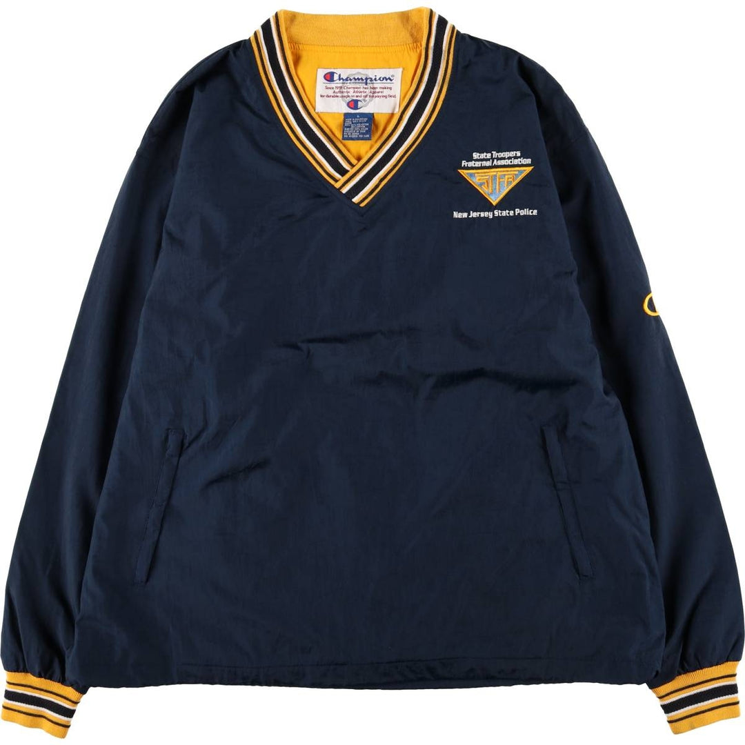 90'S Champion V-neck warm-up pullover, men's size L, vintage polyester navy blue type Vintage Second Hand