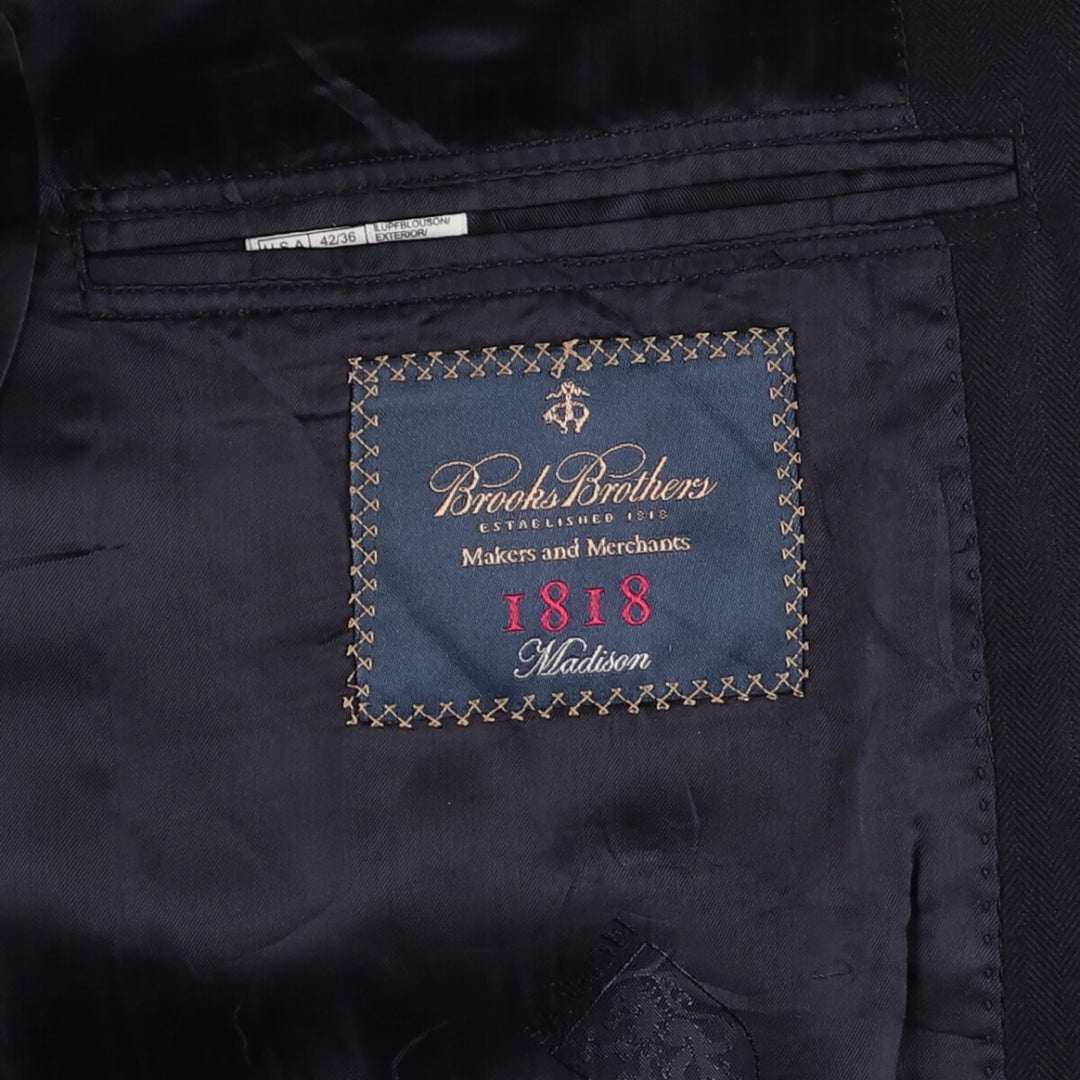 Brooks Brothers 1818 Herringbone Navy Blazer, Made in USA, Size 42 wool navy blue type Vintage Second Hand