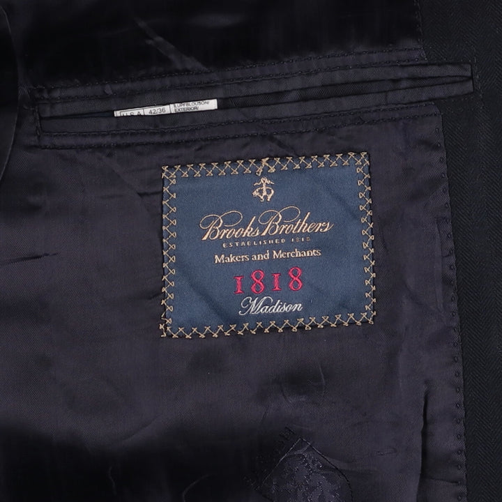 Brooks Brothers 1818 Herringbone Navy Blazer, Made in USA, Size 42 wool navy blue type Vintage Second Hand