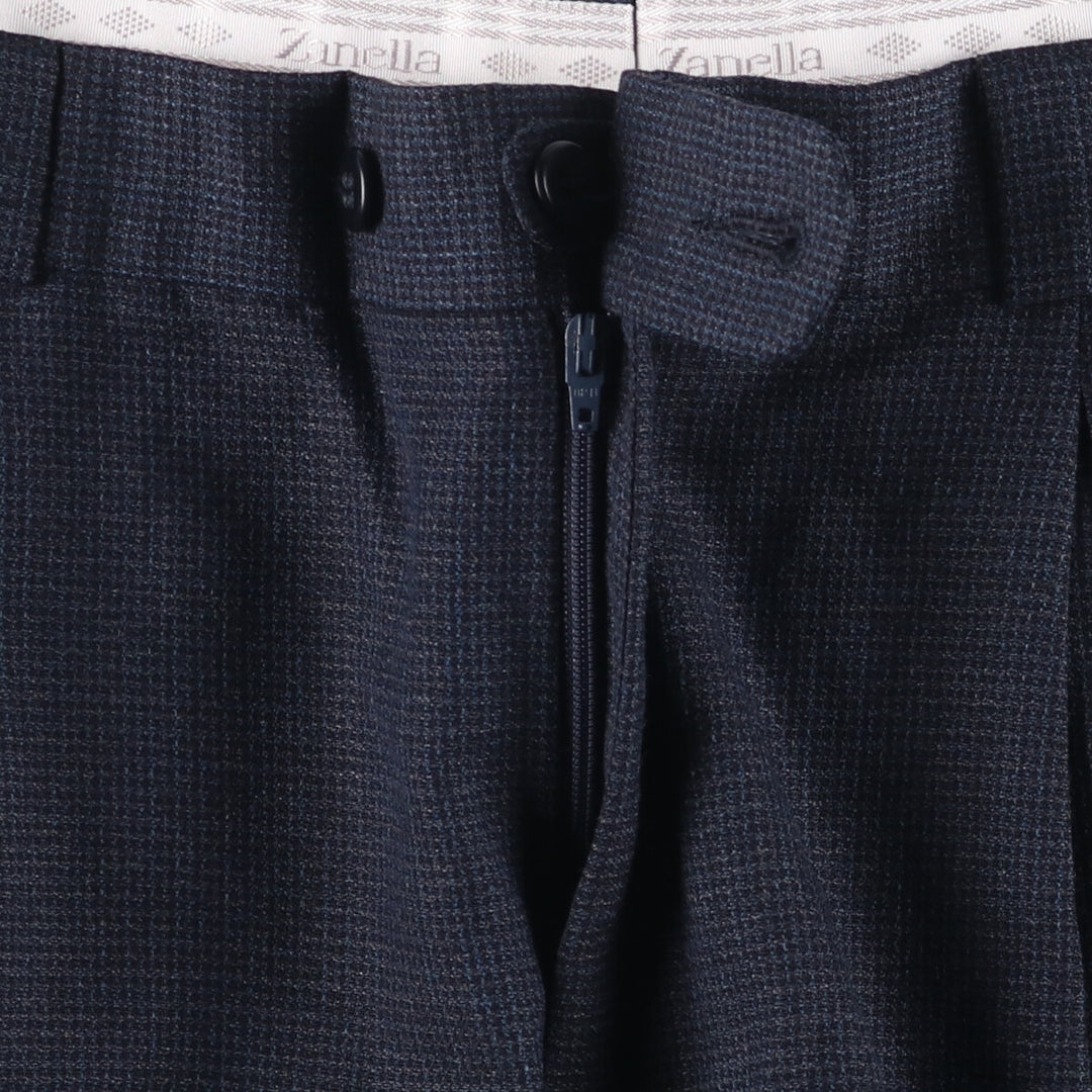 Zanella Check Pattern Two-Pleated Wide Leg Slacks, Made in Italy, Men's Size W33 acetate navy blue type Vintage Second Hand