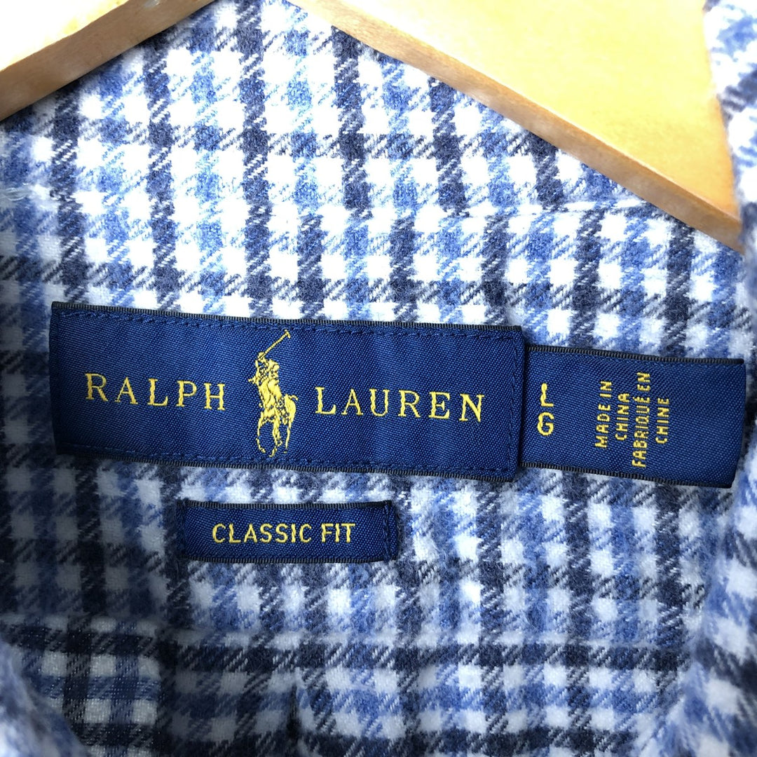 Ralph Lauren Classic Fit Long Sleeve Button-Down Light Flannel Check Shirt, Men's Size L cotton Blue type light blue Vintage Second Hand