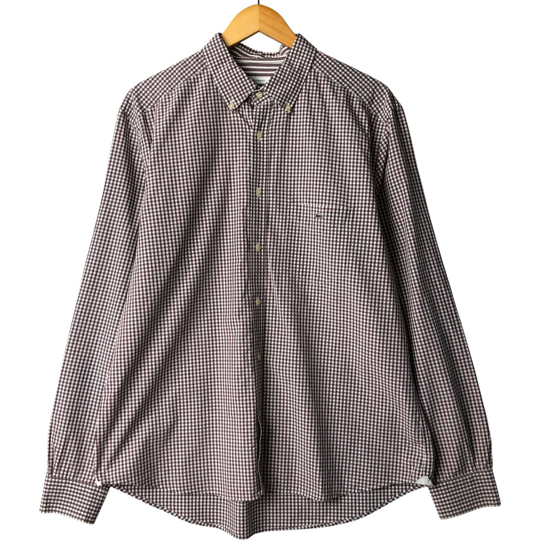 Lacoste French-designed long-sleeved button-down check shirt, men's size L cotton brown type Vintage Second Hand