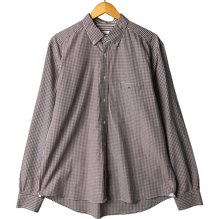Lacoste French-designed long-sleeved button-down check shirt, men's size L cotton brown type Vintage Second Hand