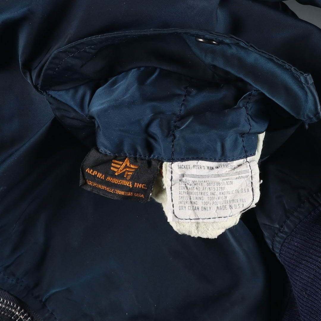 90'S civilian Alpha MA-1 style padded military flight jacket, made in the USA, men's size M, vintage Nylon navy blue type Vintage Second Hand