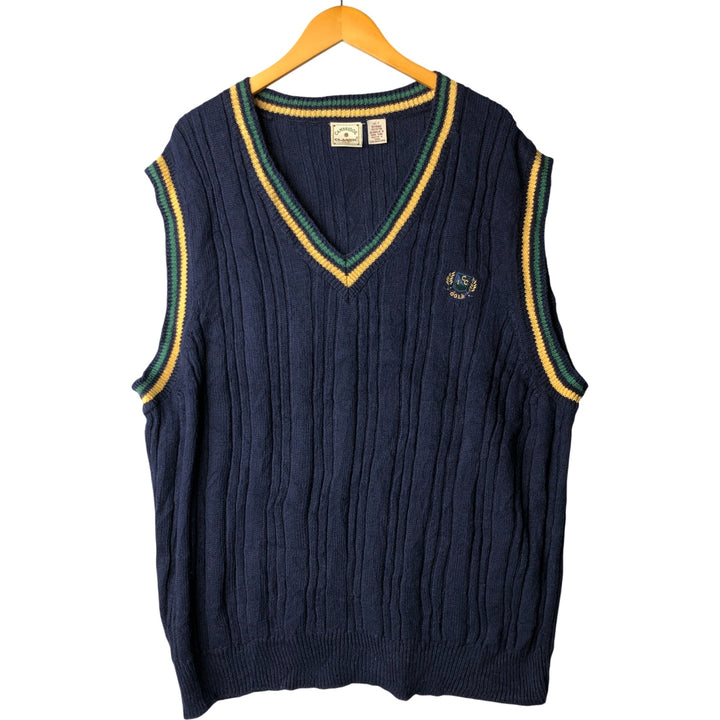 CAMBRIDGE Cable Knit V-Neck Cotton Knit Vest, Men's Size XL Lamb wool navy blue type Vintage Second Hand