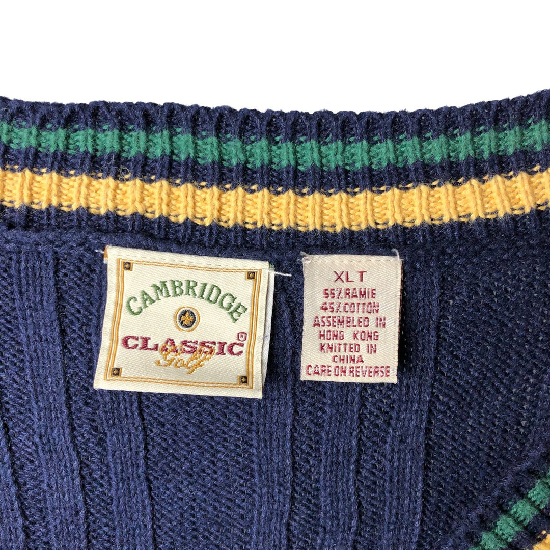 CAMBRIDGE Cable Knit V-Neck Cotton Knit Vest, Men's Size XL Lamb wool navy blue type Vintage Second Hand
