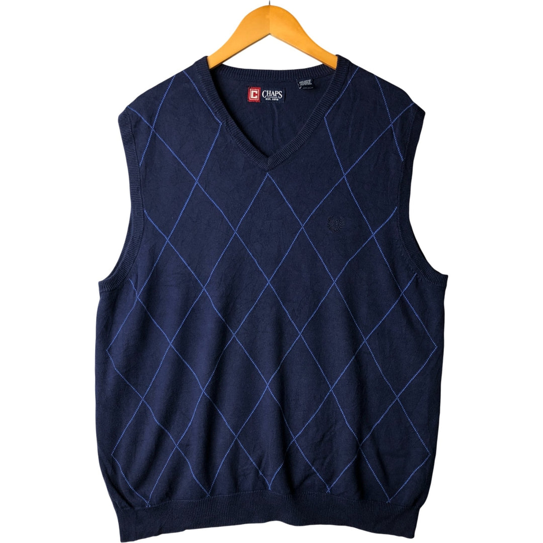 CHAPS Diamond Pattern V-Neck Cotton Knit Vest, Men's Size L cotton navy blue type Vintage Second Hand