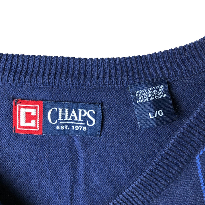 CHAPS Diamond Pattern V-Neck Cotton Knit Vest, Men's Size L cotton navy blue type Vintage Second Hand