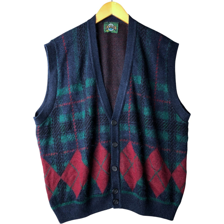 Jantzen Check Pattern Diamond Pattern Open-Front Acrylic Vest, Made in USA, Men's Size L acrylic Blue type light blue Vintage Second Hand