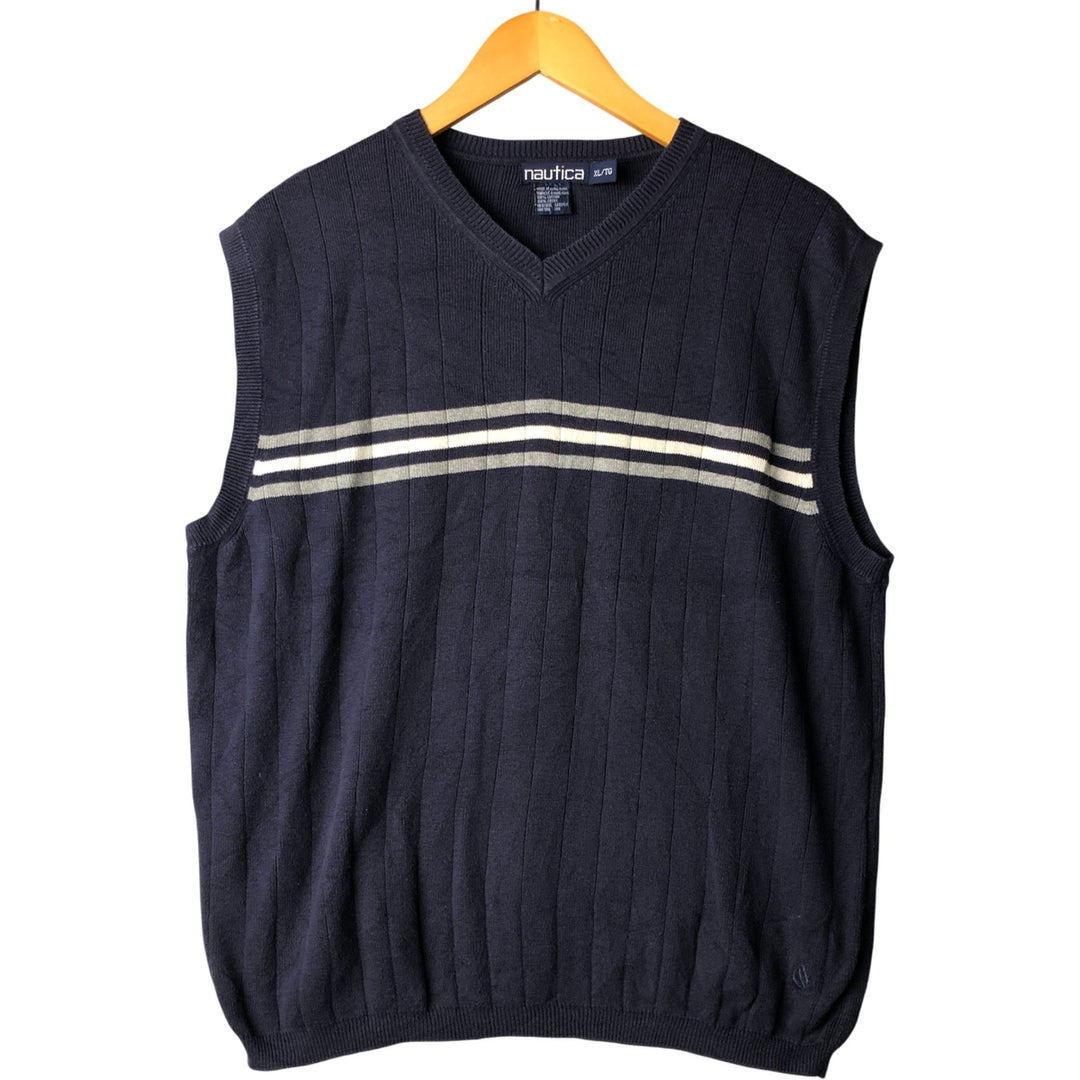90'S Vintage Nautica V-neck cotton knit vest, Men's XL cotton navy blue type Vintage Second Hand