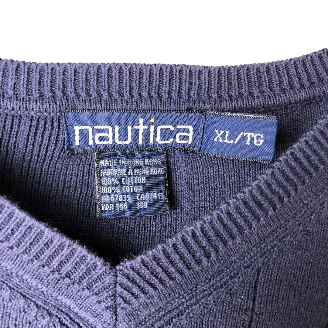 90'S Vintage Nautica V-neck cotton knit vest, Men's XL cotton navy blue type Vintage Second Hand