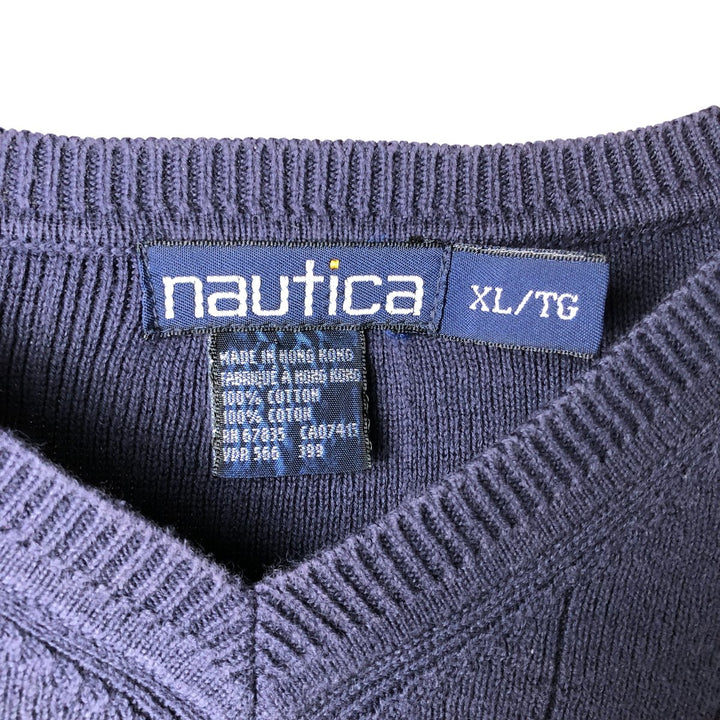 90'S Vintage Nautica V-neck cotton knit vest, Men's XL cotton navy blue type Vintage Second Hand