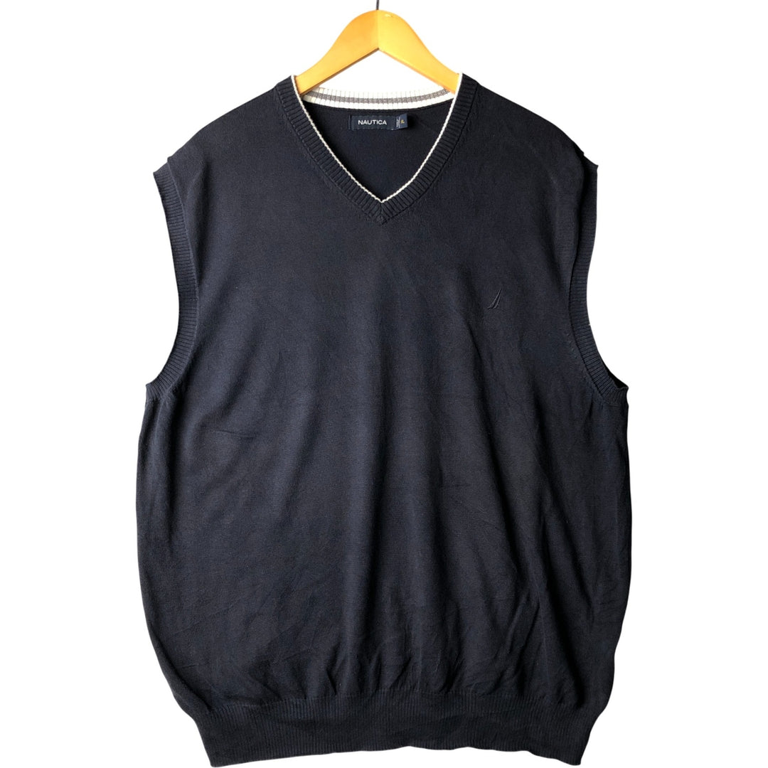 NAUTICA V-neck cotton knit vest, men's size XL cotton navy blue type Vintage Second Hand
