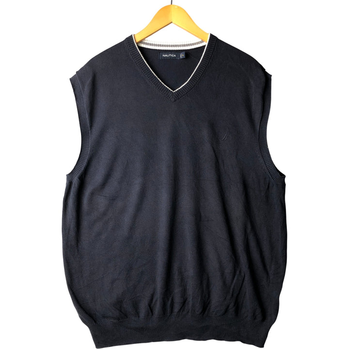 NAUTICA V-neck cotton knit vest, men's size XL cotton navy blue type Vintage Second Hand