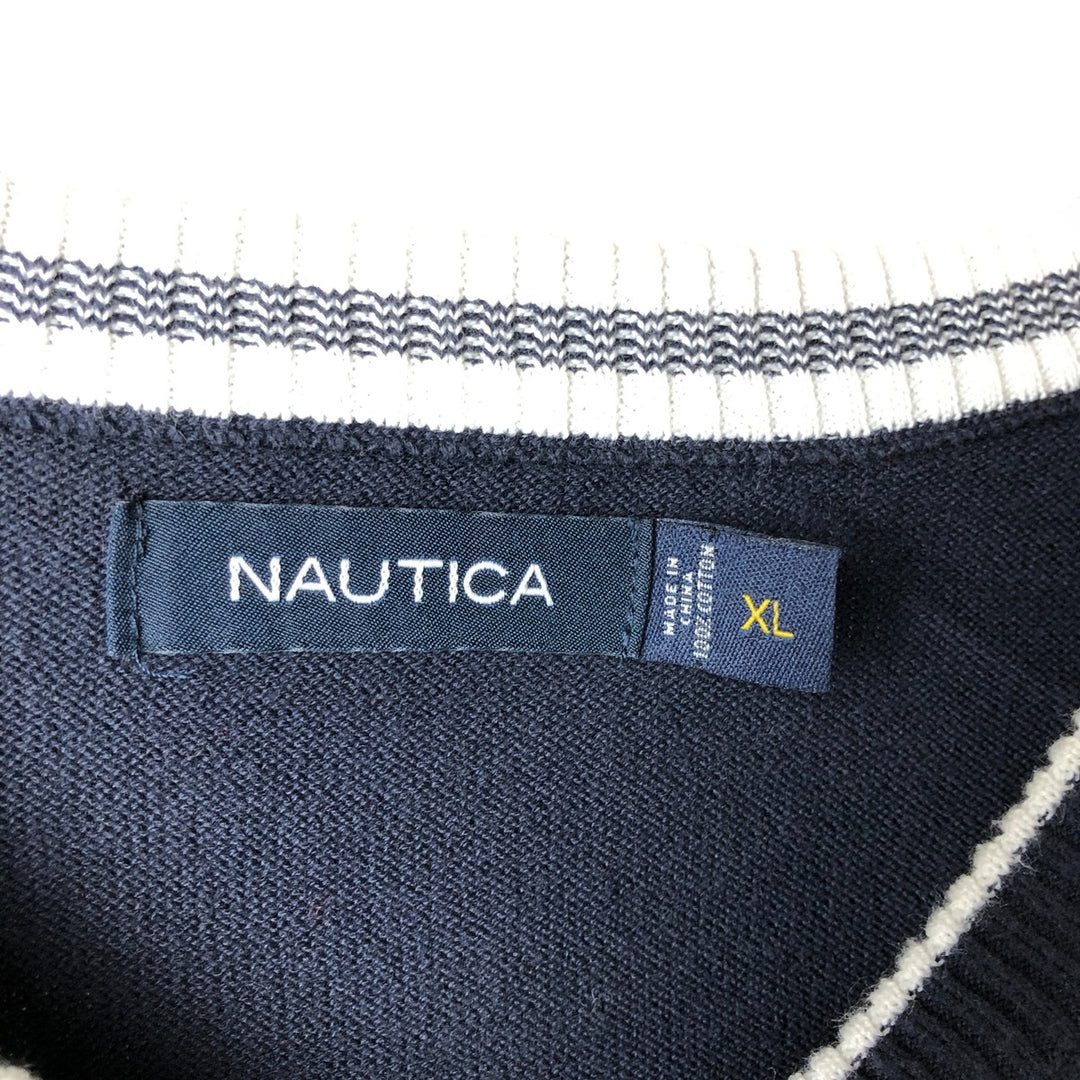 NAUTICA V-neck cotton knit vest, men's size XL cotton navy blue type Vintage Second Hand