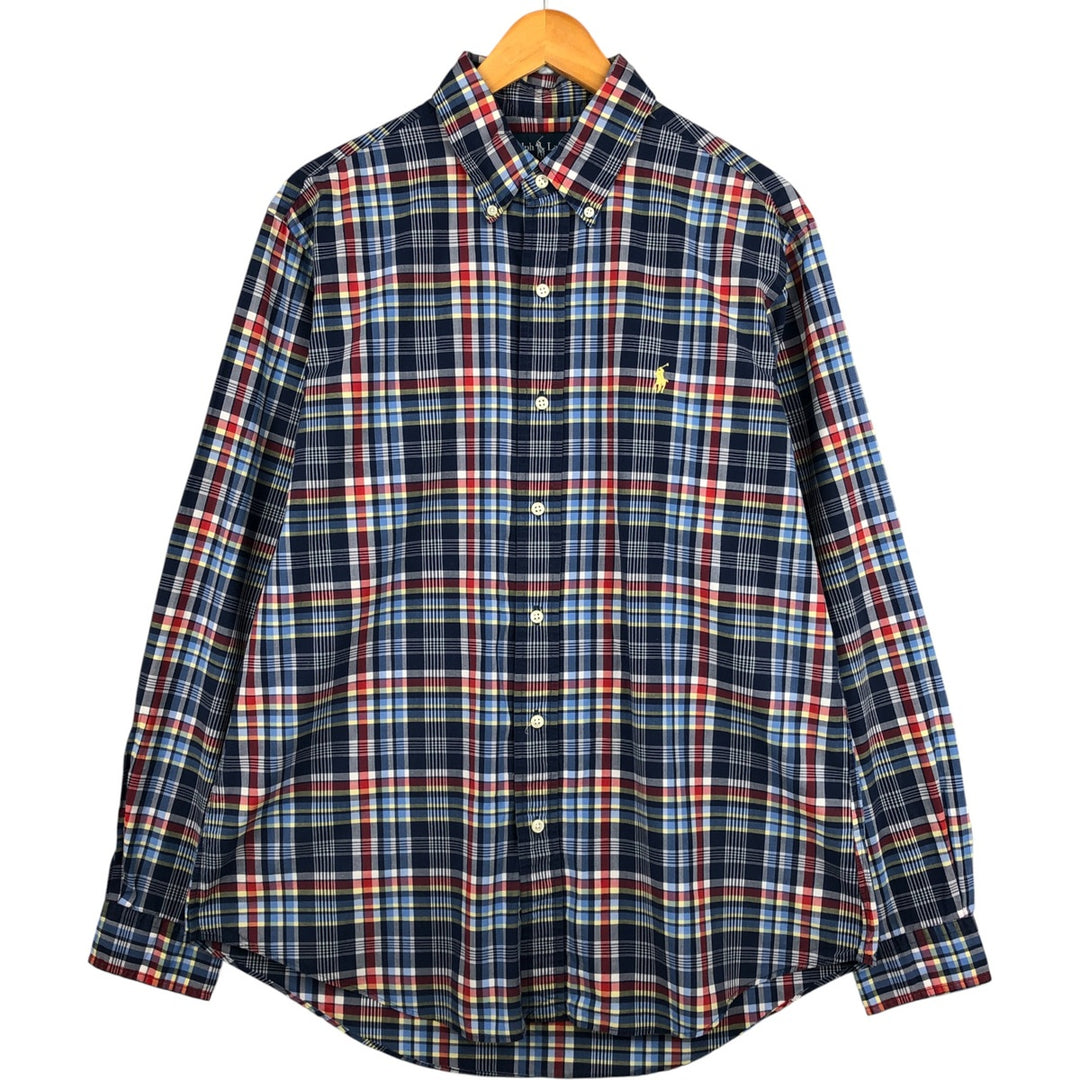 Ralph Lauren CUSTOM FIT long sleeve button down check shirt, men's size L cotton navy blue type Vintage Second Hand