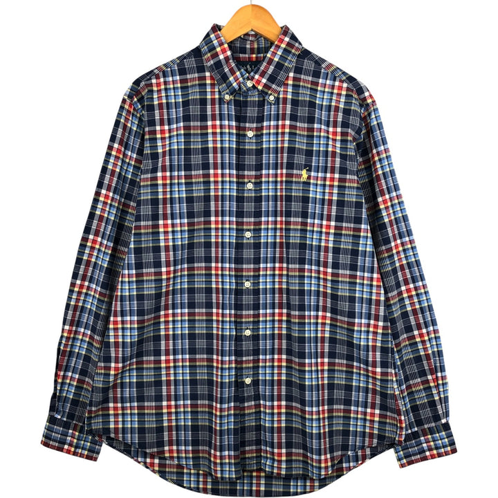 Ralph Lauren CUSTOM FIT long sleeve button down check shirt, men's size L cotton navy blue type Vintage Second Hand