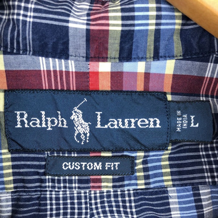 Ralph Lauren CUSTOM FIT long sleeve button down check shirt, men's size L cotton navy blue type Vintage Second Hand