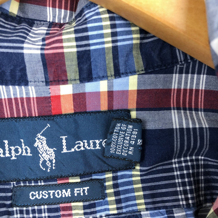 Ralph Lauren CUSTOM FIT long sleeve button down check shirt, men's size L cotton navy blue type Vintage Second Hand