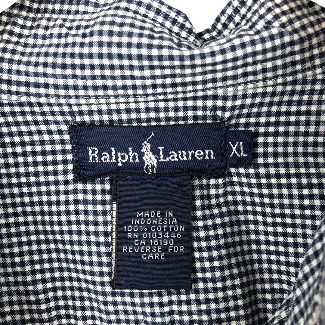 Ralph Lauren Gingham Check Long Sleeve Button-Down Check Shirt Men's XL cotton navy blue type Vintage Second Hand