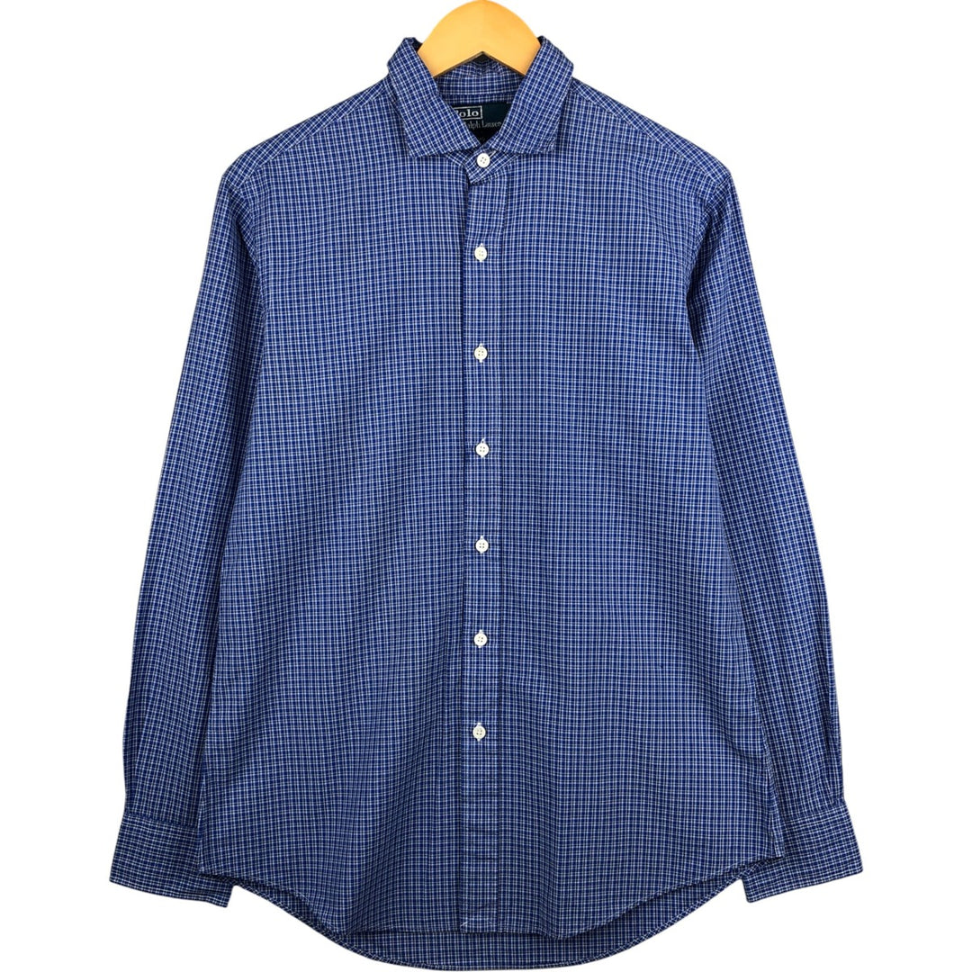 Ralph Lauren POLO by Ralph Lauren wide-collar long-sleeved cotton check shirt, men's size M cotton blue type Vintage Second Hand