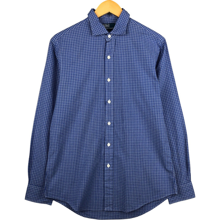 Ralph Lauren POLO by Ralph Lauren wide-collar long-sleeved cotton check shirt, men's size M cotton blue type Vintage Second Hand