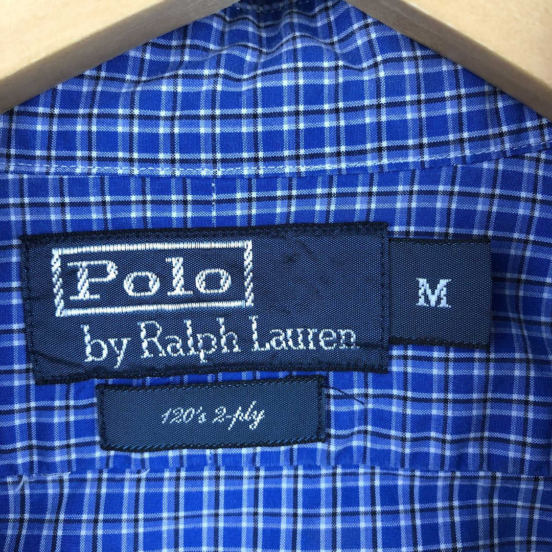 Ralph Lauren POLO by Ralph Lauren wide-collar long-sleeved cotton check shirt, men's size M cotton blue type Vintage Second Hand
