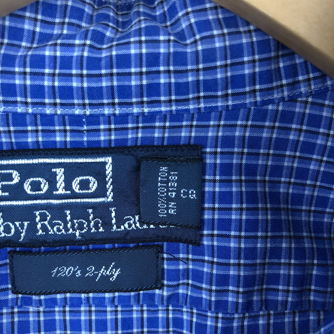 Ralph Lauren POLO by Ralph Lauren wide-collar long-sleeved cotton check shirt, men's size M cotton blue type Vintage Second Hand