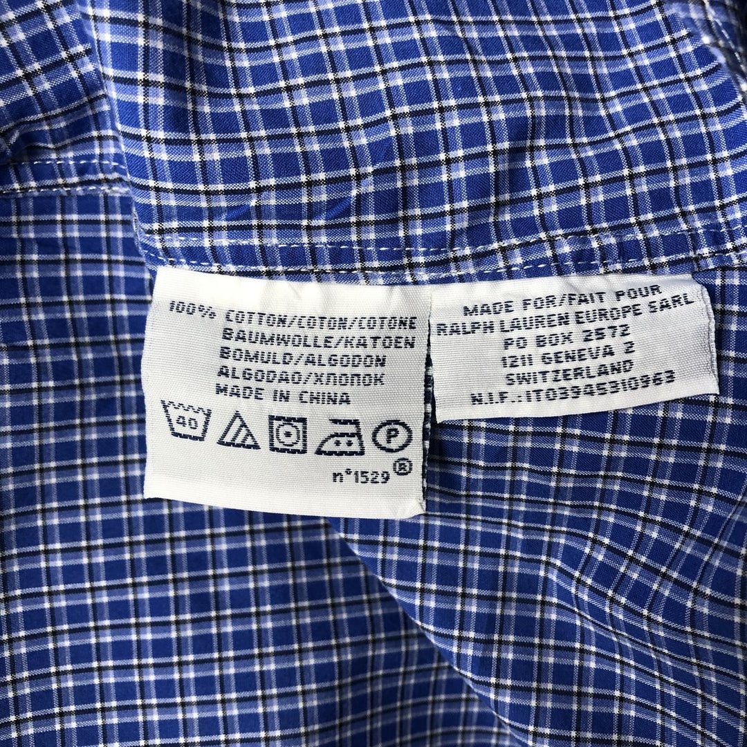 Ralph Lauren POLO by Ralph Lauren wide-collar long-sleeved cotton check shirt, men's size M cotton blue type Vintage Second Hand