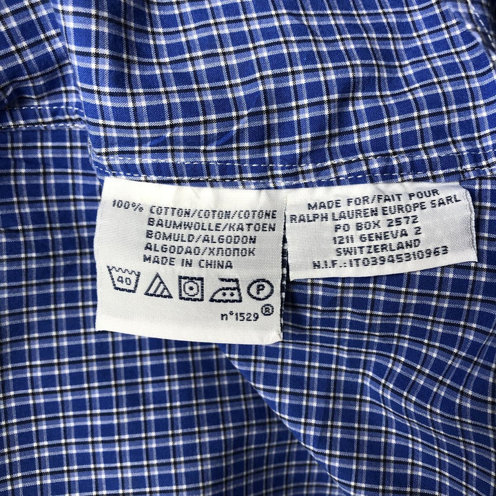 Ralph Lauren POLO by Ralph Lauren wide-collar long-sleeved cotton check shirt, men's size M cotton blue type Vintage Second Hand