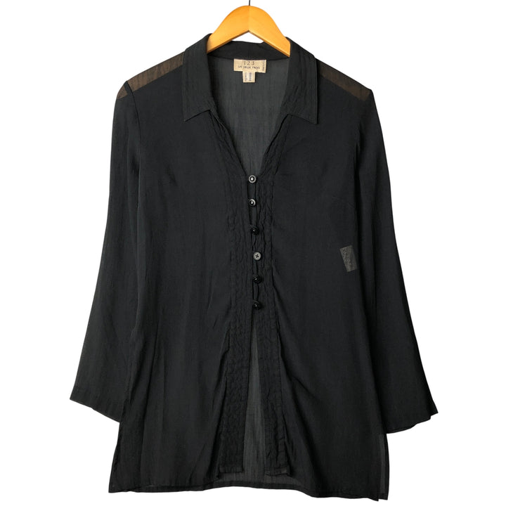 123 Skipper collar long sleeve see-through shirt, Made in France, Women's size M Viscose black type Vintage Second Hand