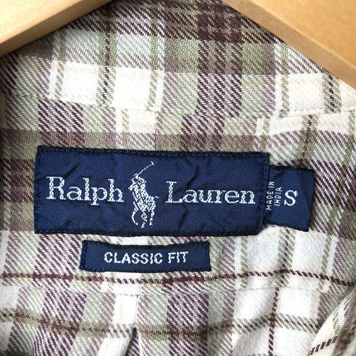 Ralph Lauren Classic Fit Check Pattern Button-Down Long Sleeve Light Flannel Shirt, Men's Size Small cotton ivory Vintage Second Hand