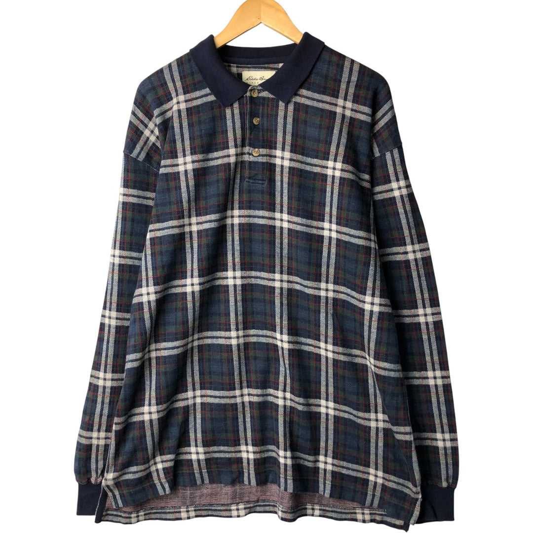 Vintage 90s-00'S Eddie Bauer Check Pattern Long Sleeve Polo Shirt, Men's Size L cotton navy blue type Vintage Second Hand