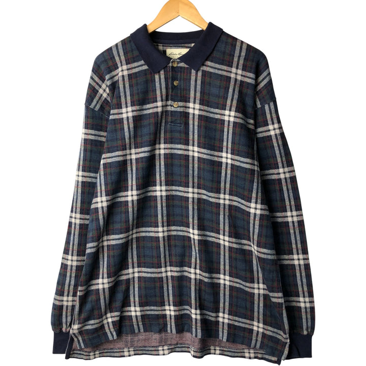 Vintage 90s-00'S Eddie Bauer Check Pattern Long Sleeve Polo Shirt, Men's Size L cotton navy blue type Vintage Second Hand