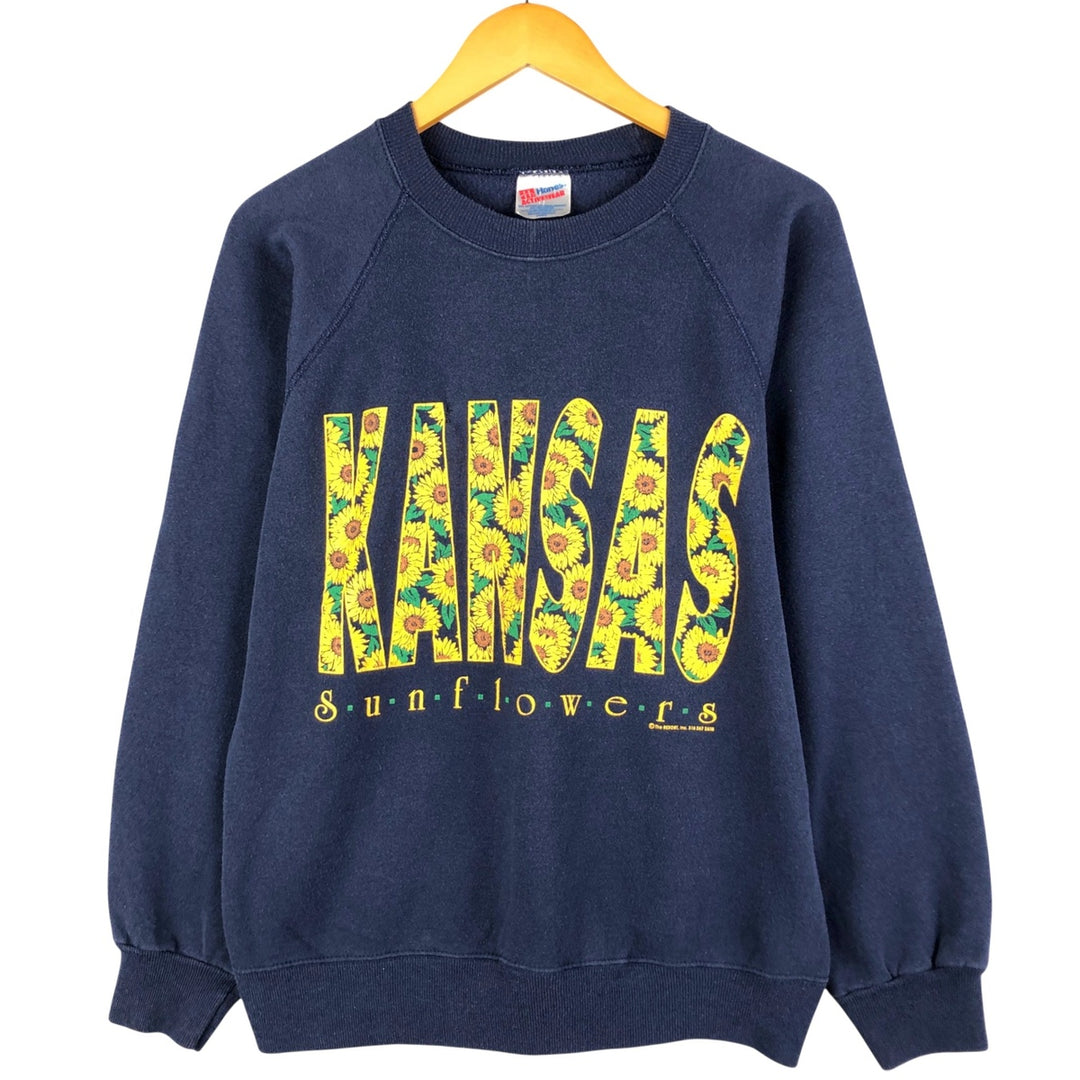 Vintage 90'S Hanes Activewear floral and sunflower print sweatshirt, made in the USA, size L, men's cotton navy blue type Vintage Second Hand