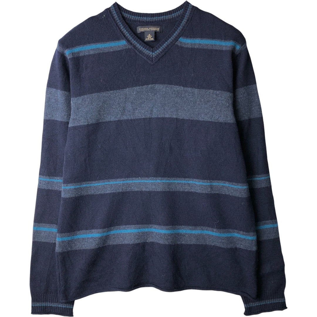 2000'S Banana Republic Striped Cashmere Blend V-Neck Lambswool Knit Sweater, Men's Size XL Lamb wool navy blue type Vintage Second Hand
