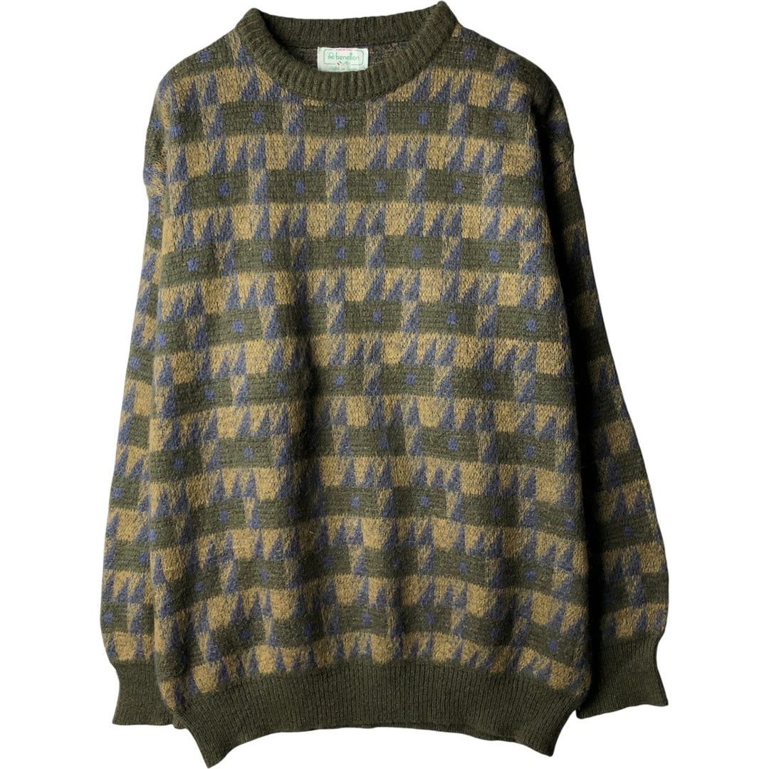 Vintage 1980'S Benetton all-over print mohair-blend acrylic knit sweater, made in Italy, men's size XL mohair Khaki type Vintage Second Hand