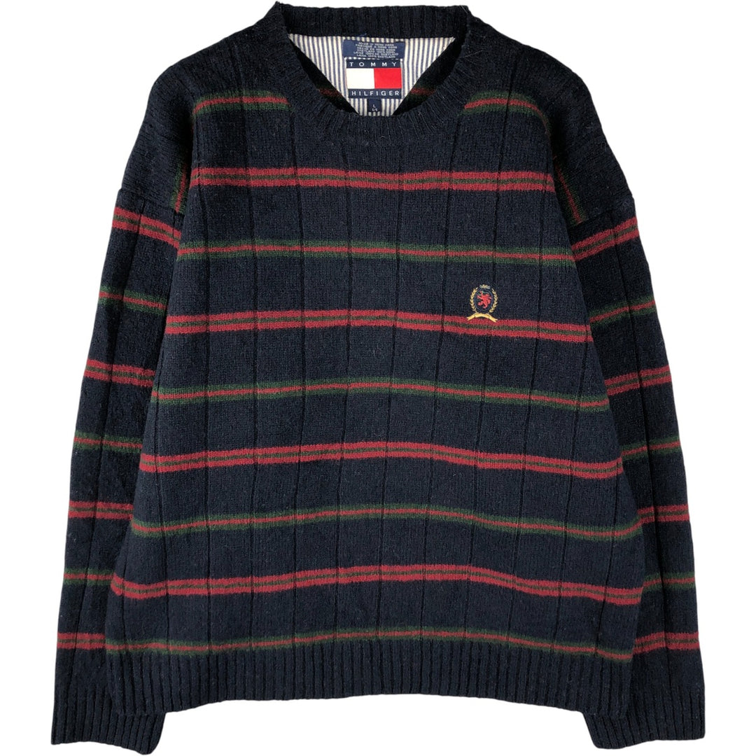 Vintage 90'S Tommy Hilfiger striped ribbed wool knit sweater, size L, men's wool navy blue type Vintage Second Hand